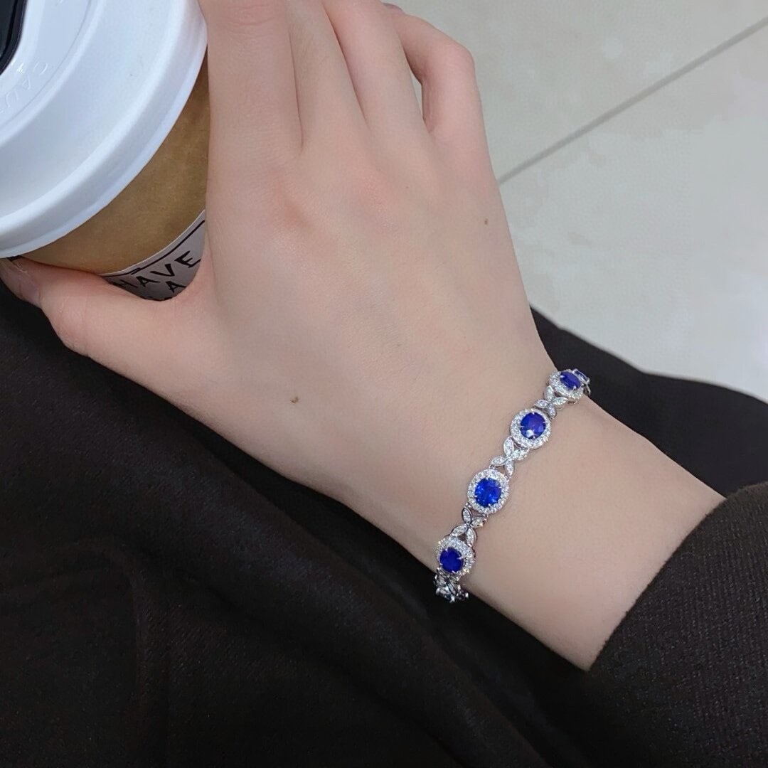 14k Gold 9.83 Ctw Vivid Blue Natural Sapphire & Diamond Bracelet - 5