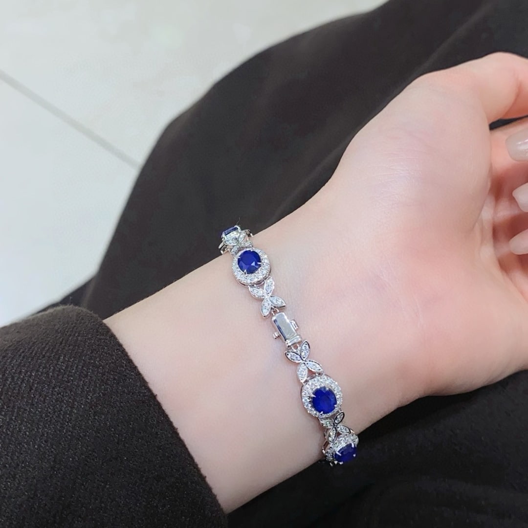 14k Gold 9.83 Ctw Vivid Blue Natural Sapphire & Diamond Bracelet - 6