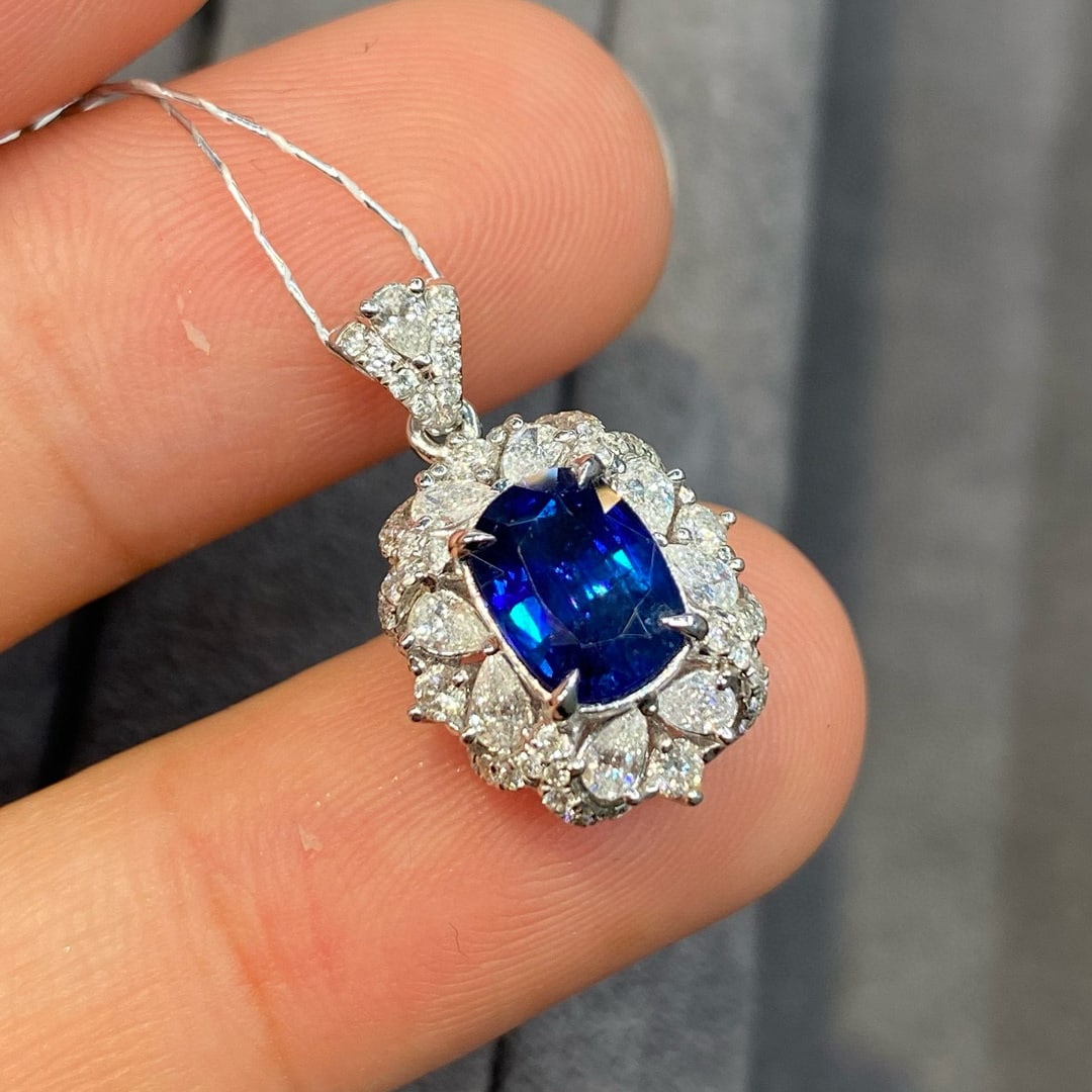 14k Gold 2.27 Ctw Vivid Blue Natural Sapphire & Diamond Pendant( Without Chain ) - 2