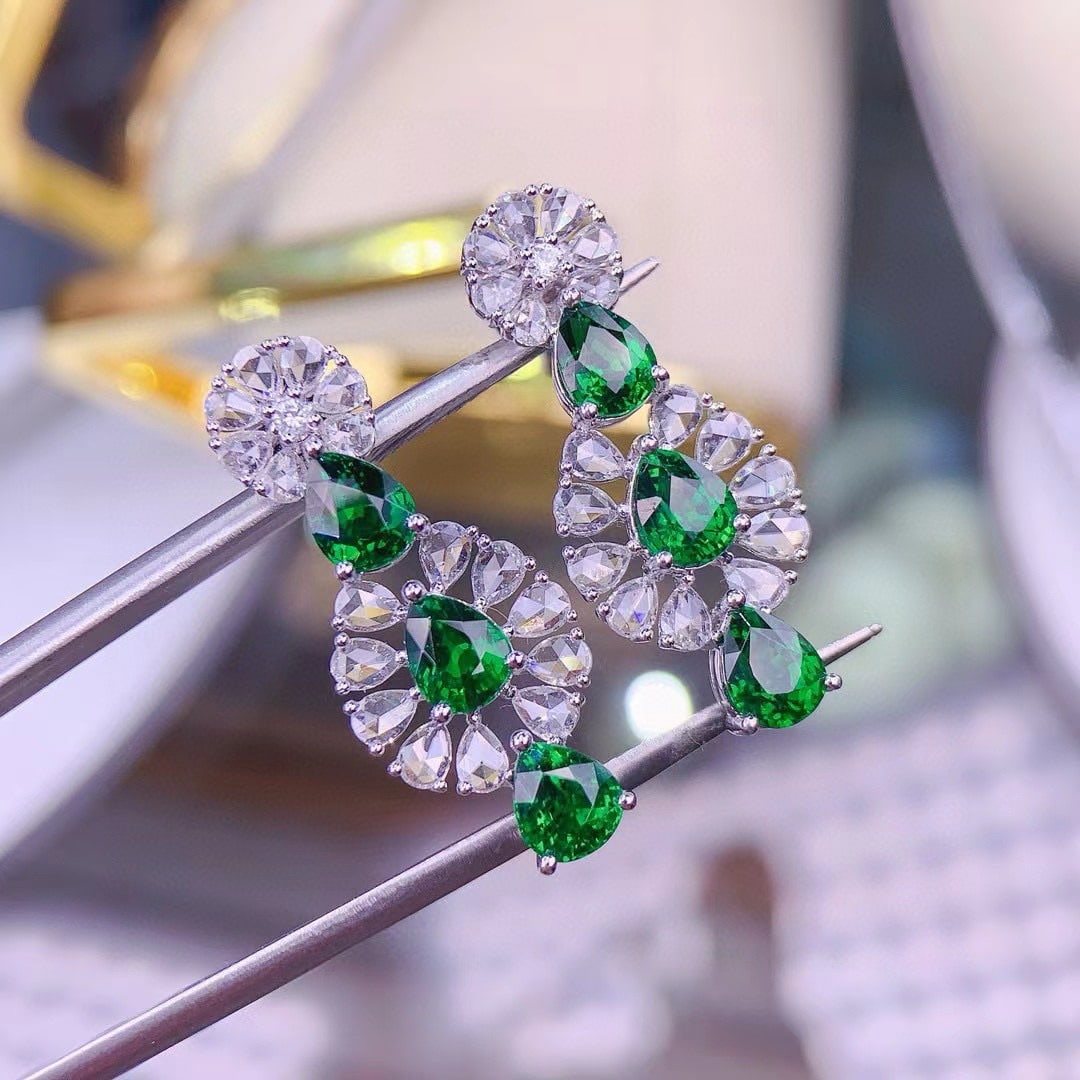 14k Gold 4.3 Ct Vivid Green Natural Tsavorite & Diamond Earrings - 2