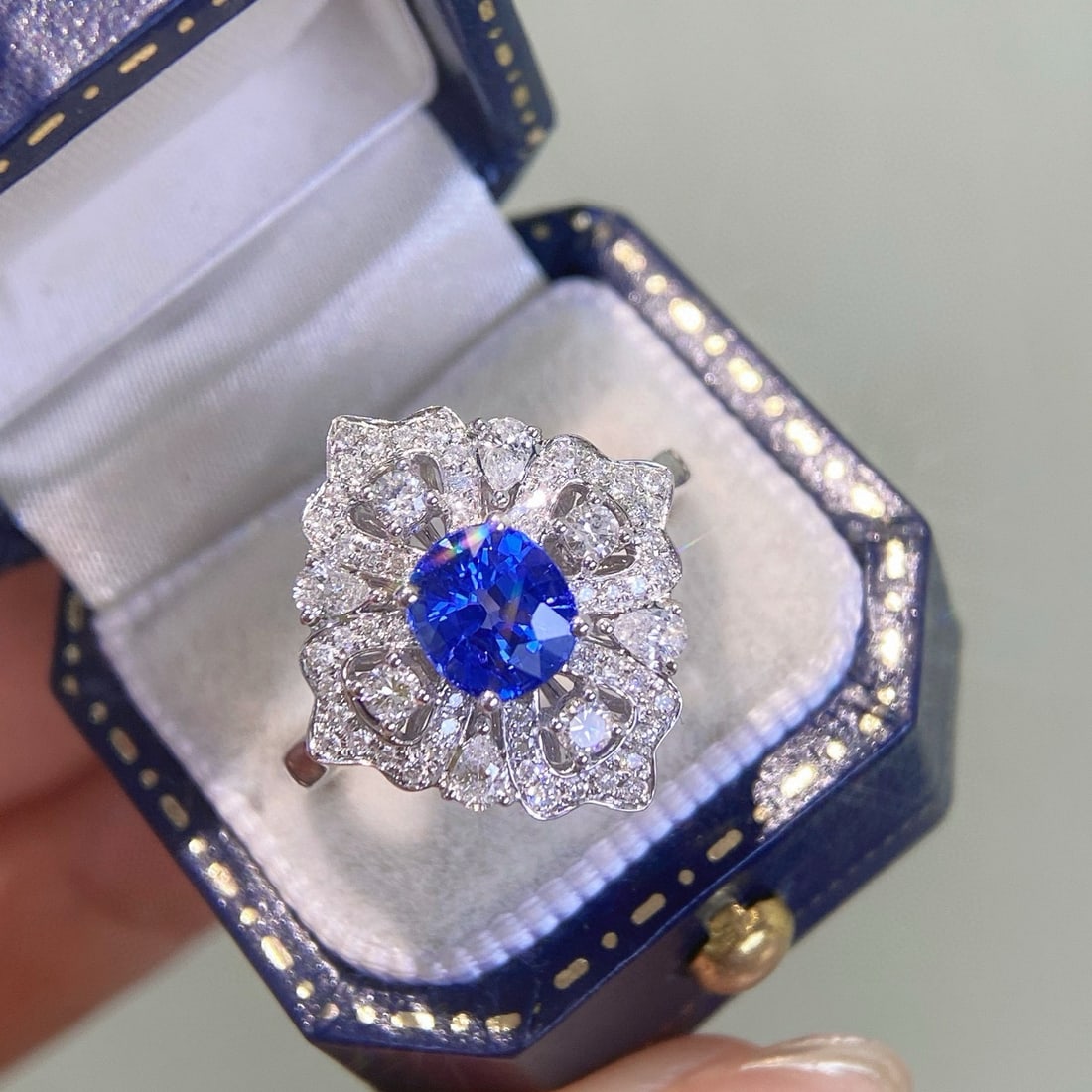 14k Gold 1.98 Ctw Natural Sapphire & Diamond Ring: Ref:230950159 // gold content:14k gold // ring size:7. 25us // // main gemstone:sapphire // shape:oval // carat weight:1. 39ct // color:cornflower blue // treatment:natural // // adjacent gemstone