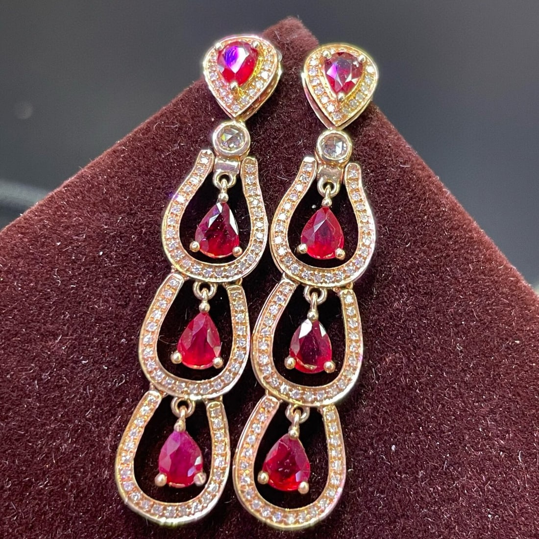 14k Gold 3.37 Ct Natural Ruby & Diamond & Sapphire Earrings - 2
