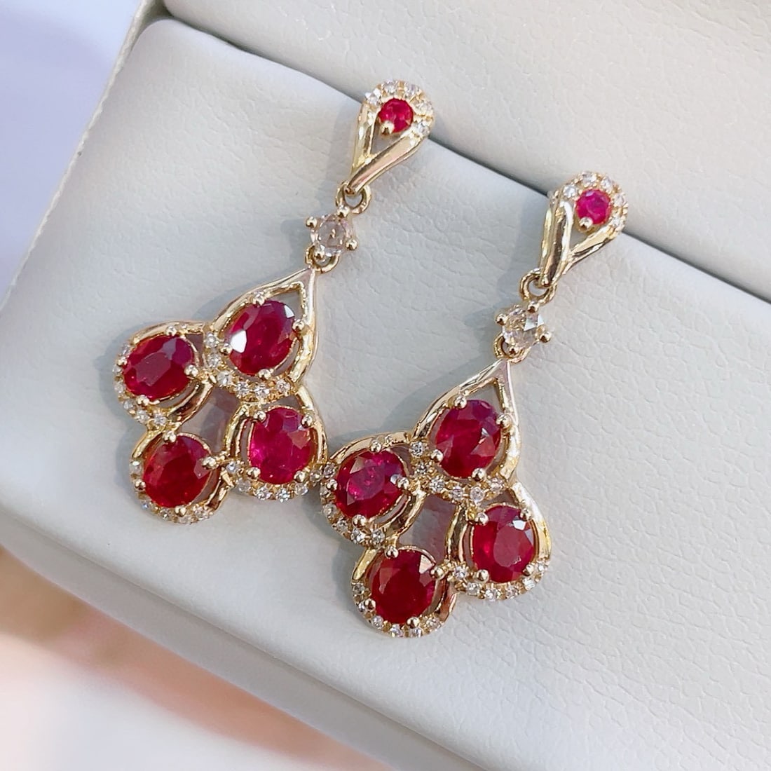 14k Gold 2.10 Ct Natural Ruby & Diamond & Sapphire Earrings - 3