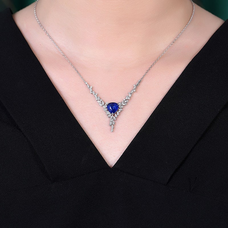 14k Gold 2.72 Ctw Vivid Blue Natural Sapphire & Diamond Necklace - 6