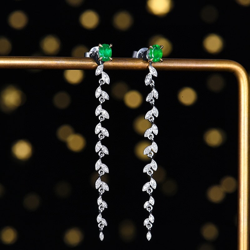 14k Gold 0.49 Ctw Vivid Green Natural Emerald & Diamond Earrings - 3