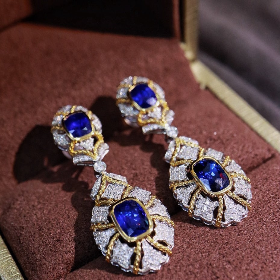 14k Gold 5.00 Ctw Natural Sapphire & Diamond Earrings - 4