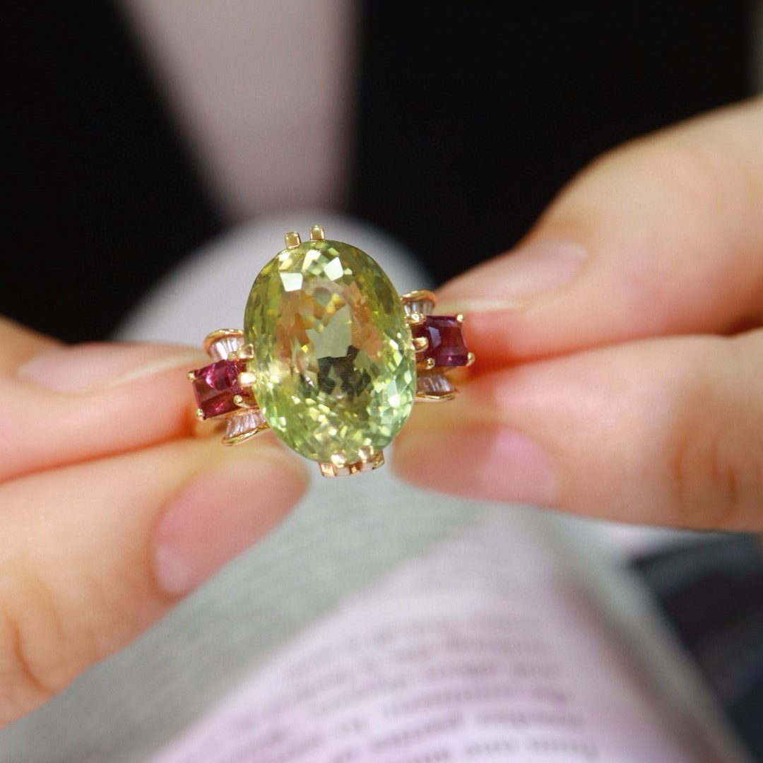 14k Gold 9.7 Ctw Natural Tourmaline & Sapphire Ring: Ref:230950225 // gold content:14k gold // ring size:7. 25us // // main gemstone:tourmaline // shape:oval // carat weight:9ct // color:green // treatment:natural // // adjacent gemstone 2 :