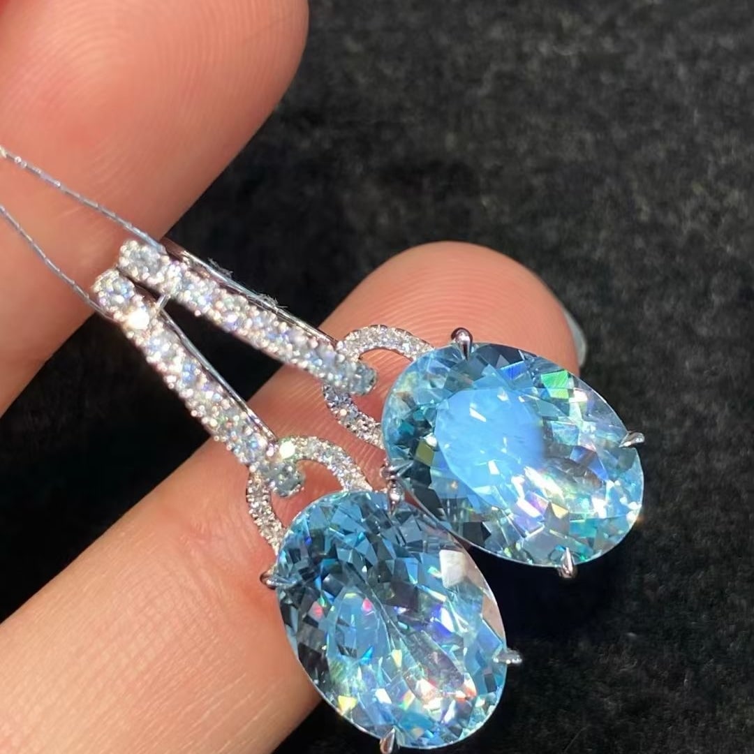 14k Gold 10.31 Ctw Natural Aquamarine & Diamond Earrings - 2