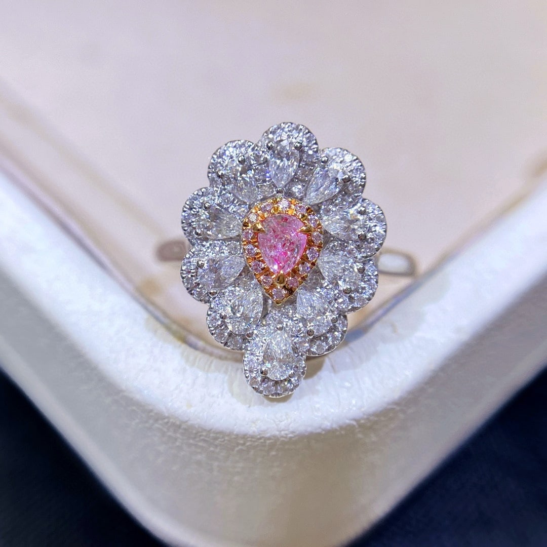 14k Gold 0.79 Ctw Natural Pink Diamond & Diamond Ring: Ref:230950245 // gold content:14k gold // ring size:7. 25us // // main gemstone:pink diamond // shape:pear // carat weight:0. 16ct // color:pink // treatment:natural // // adjacent gemstone 2 :