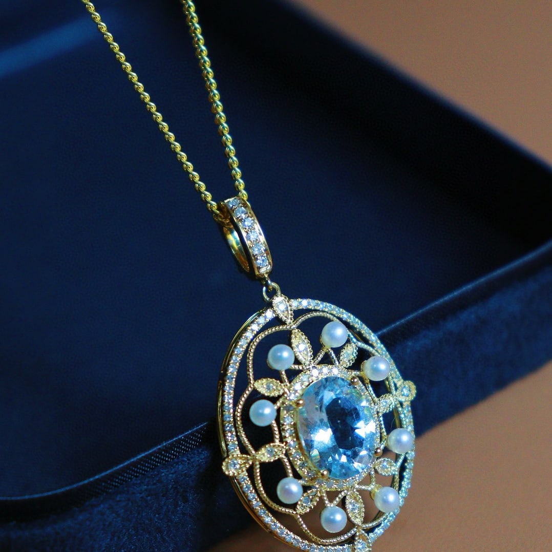 14k Gold 2.45 Ctw Natural Aquamarine & Diamond Pendant( Without Chain ) - 2