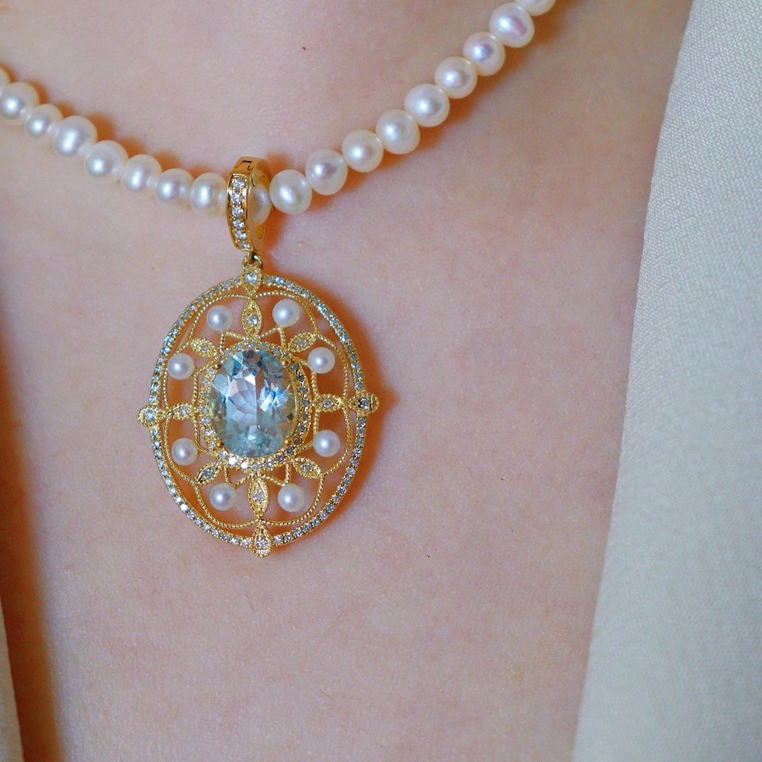 14k Gold 2.45 Ctw Natural Aquamarine & Diamond Pendant( Without Chain ) - 4