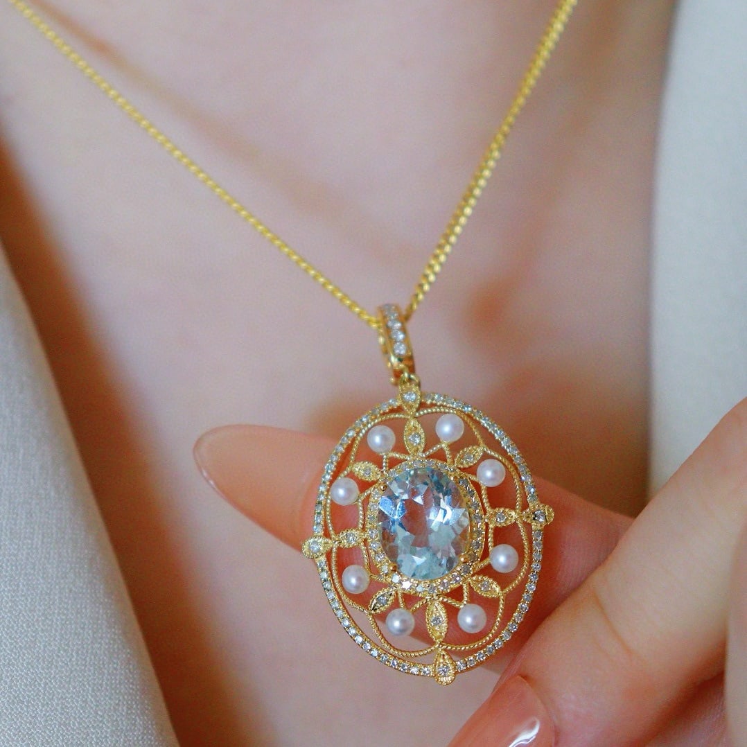 14k Gold 2.45 Ctw Natural Aquamarine & Diamond Pendant( Without Chain ) - 6