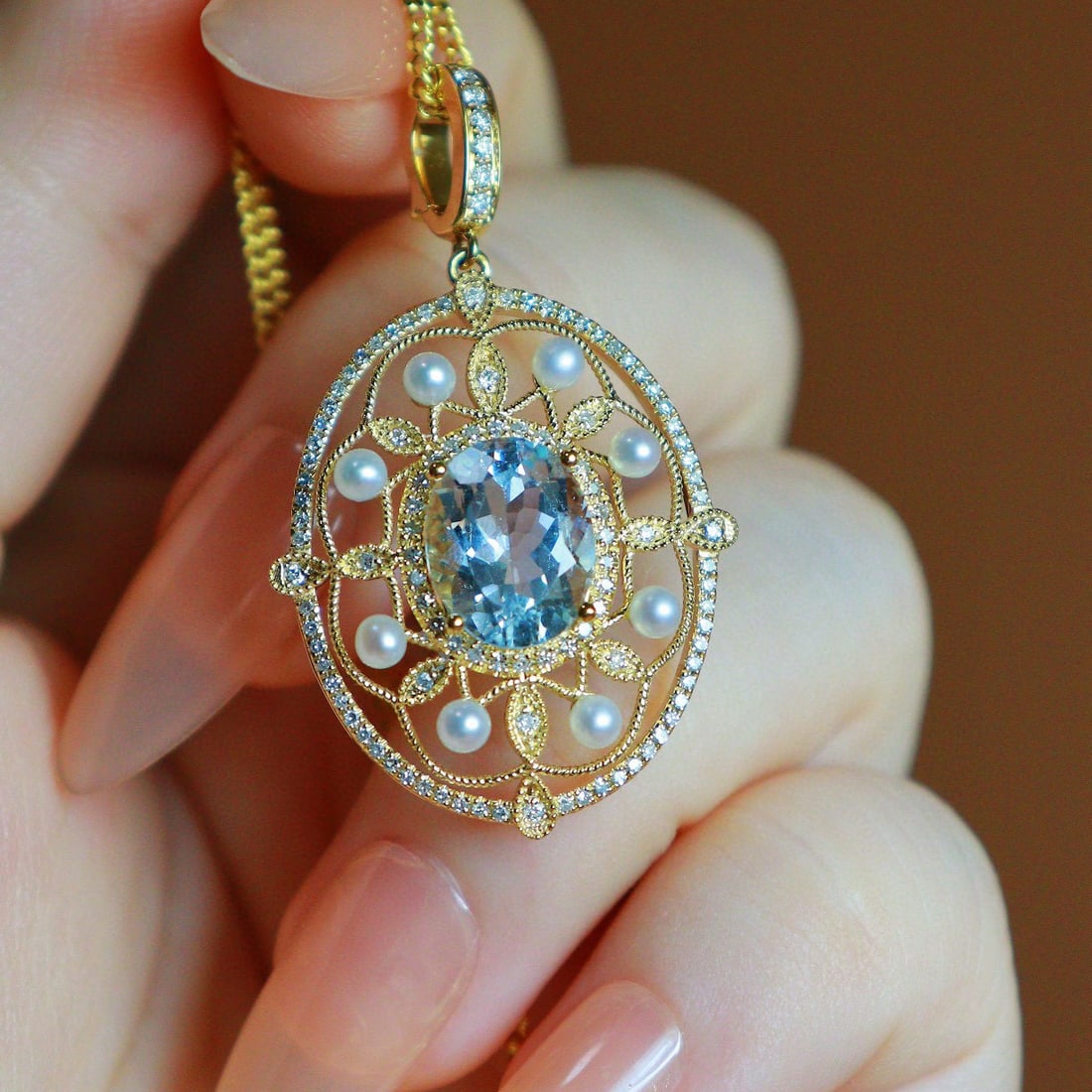 14k Gold 2.45 Ctw Natural Aquamarine & Diamond Pendant( Without Chain ) - 7