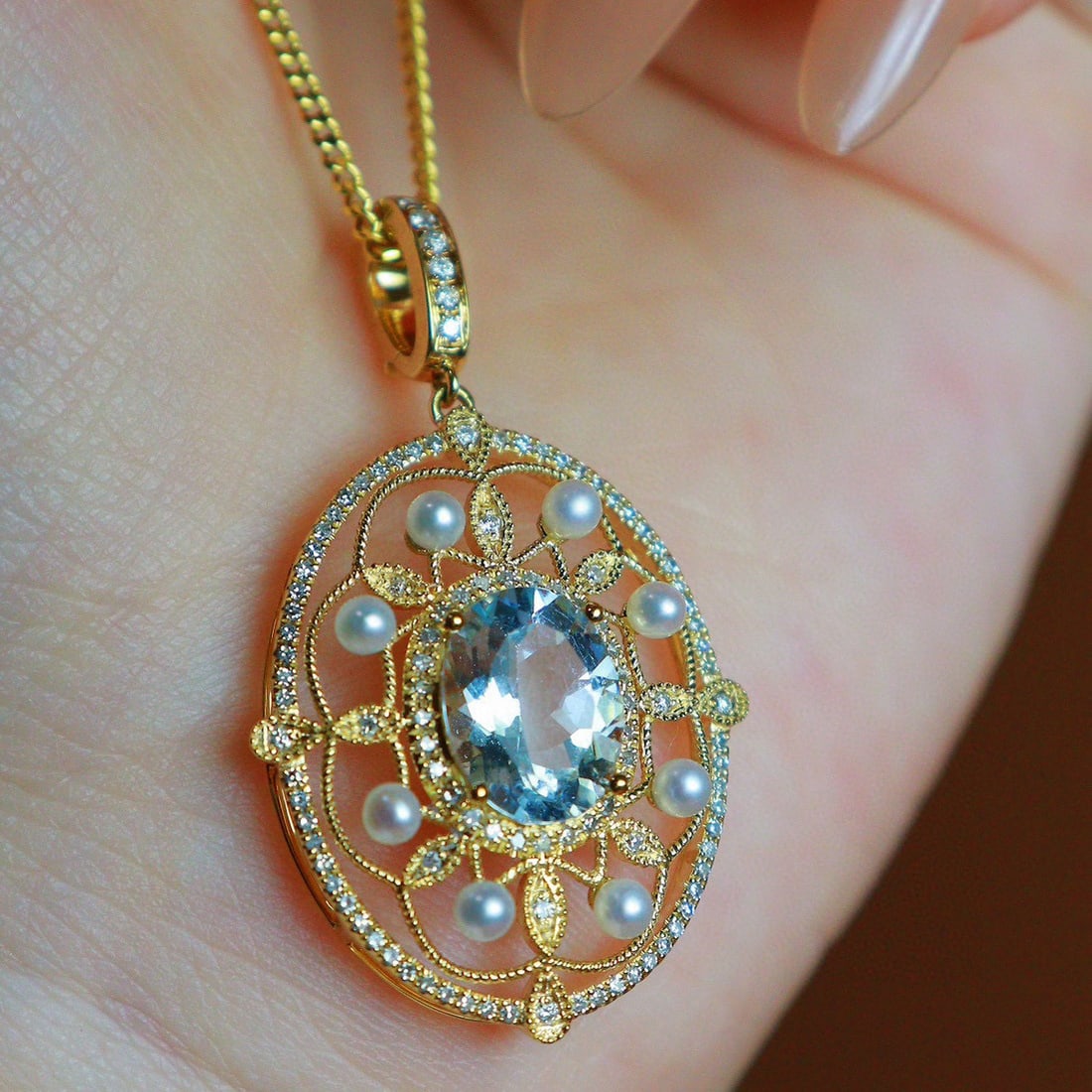 14k Gold 2.45 Ctw Natural Aquamarine & Diamond Pendant( Without Chain ) - 8