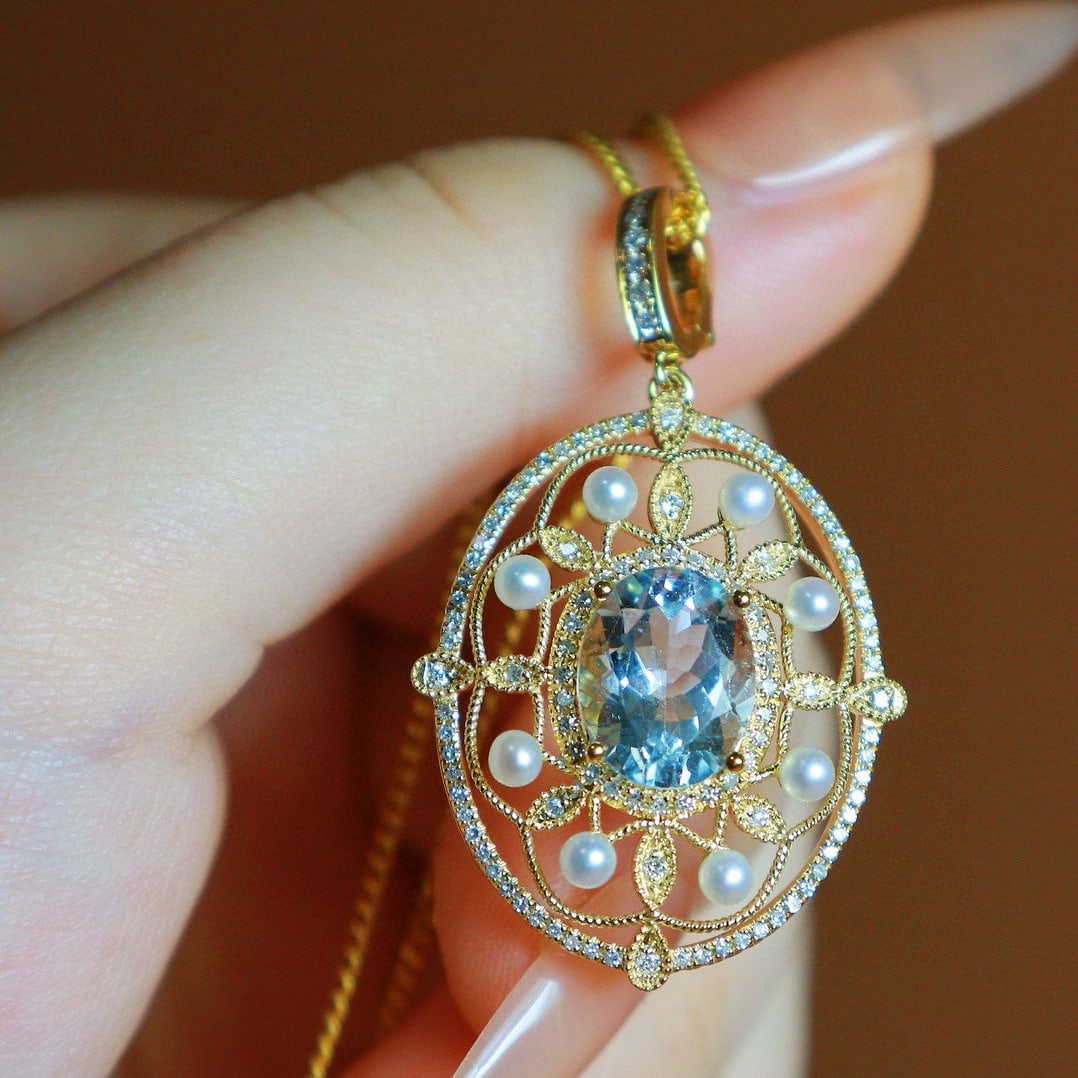 14k Gold 2.45 Ctw Natural Aquamarine & Diamond Pendant( Without Chain ) - 9