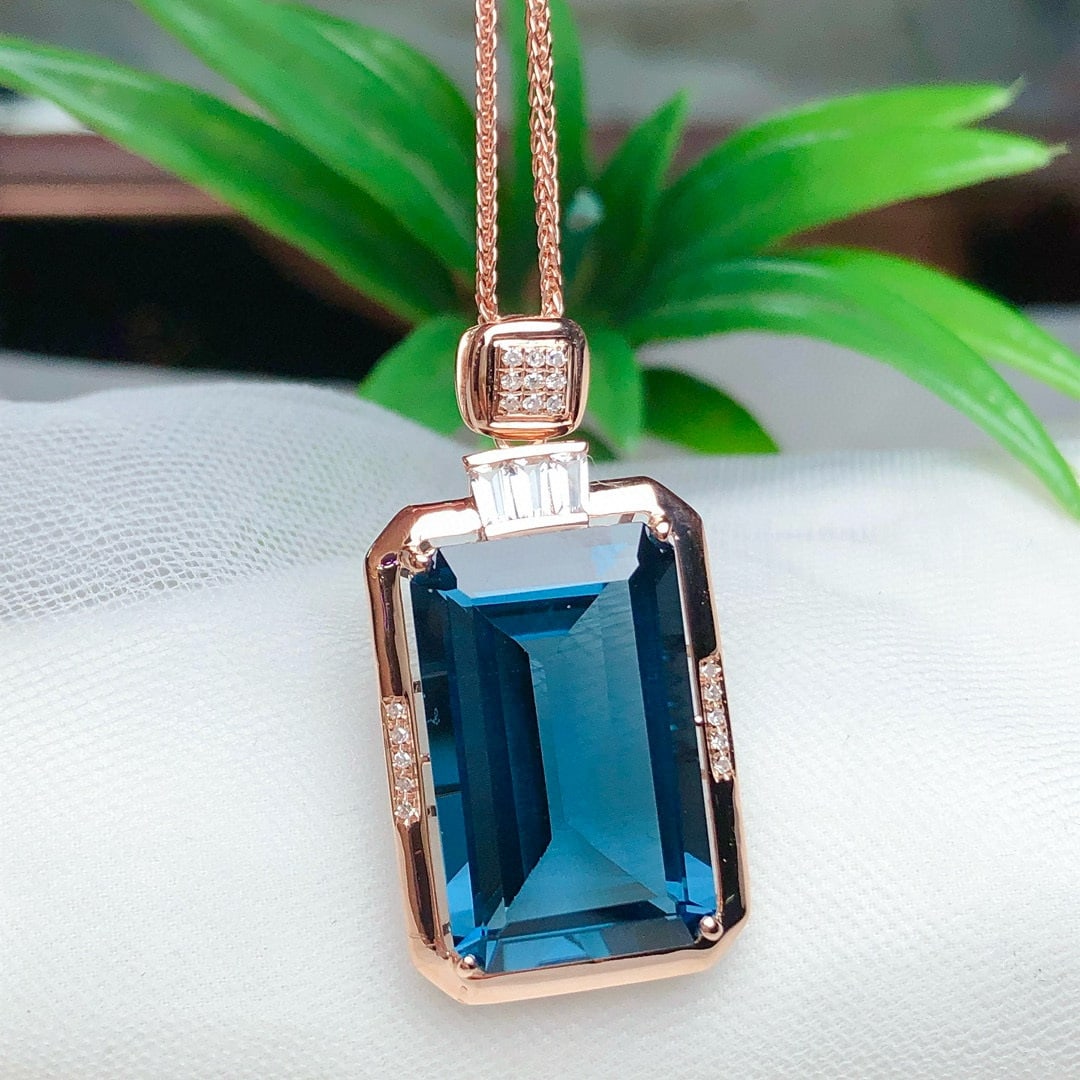 14k Gold 14.45 Ct Natural Topaz & Diamond & Sapphire Pendant( Without Chain ) - 4