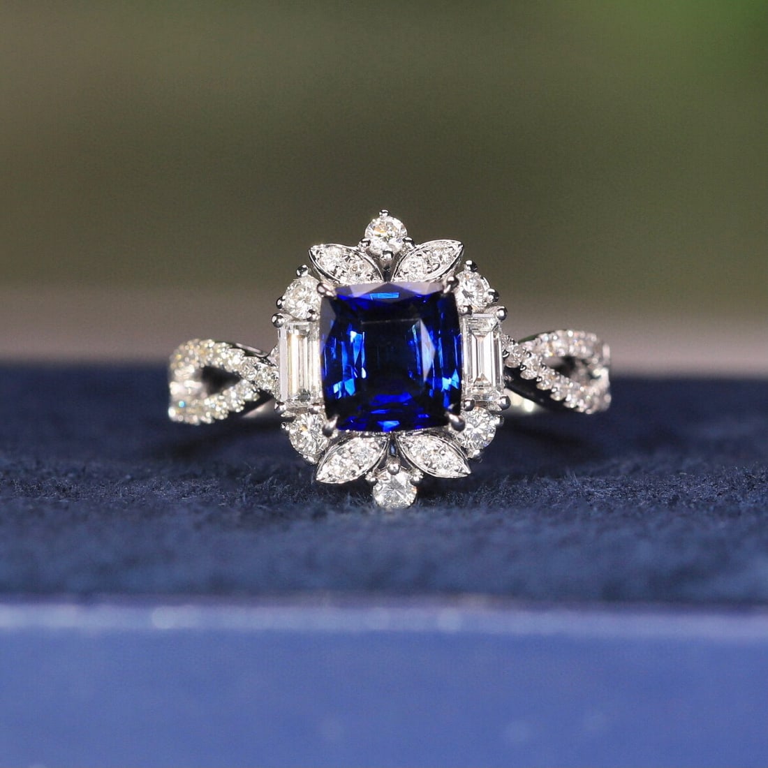 14k Gold 2.13 Ctw Natural Sapphire & Diamond Ring: Ref:230950268 // gold content:14k gold // ring size:7. 25us // // main gemstone:sapphire // shape:cushion // carat weight:1. 58ct // color:royal blue // treatment:natural // // adjacent gemstone 2