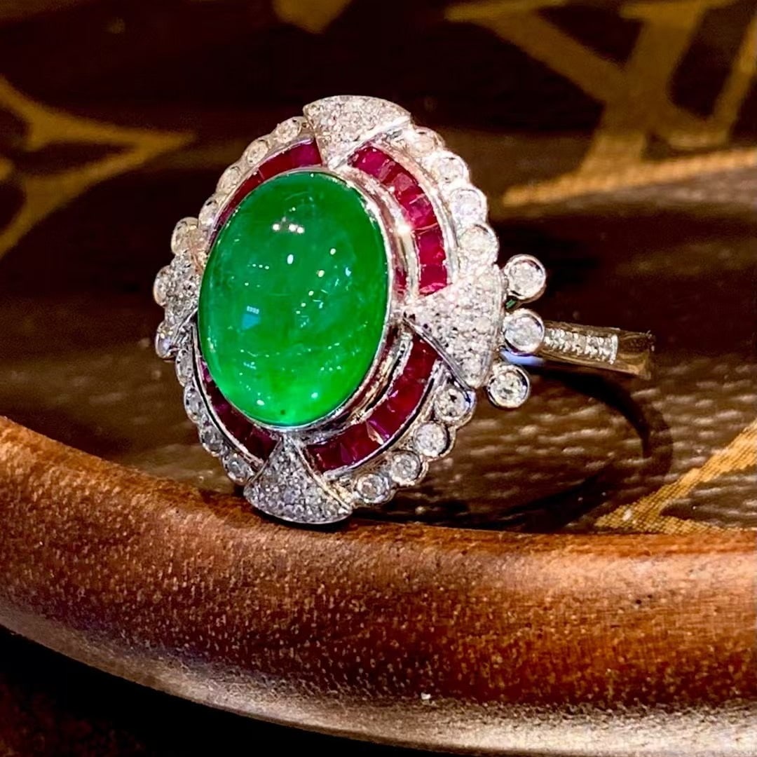 14k Gold 3.5 Ct Vivid Green Natural Emerald & Diamond & Ruby Ring - 2