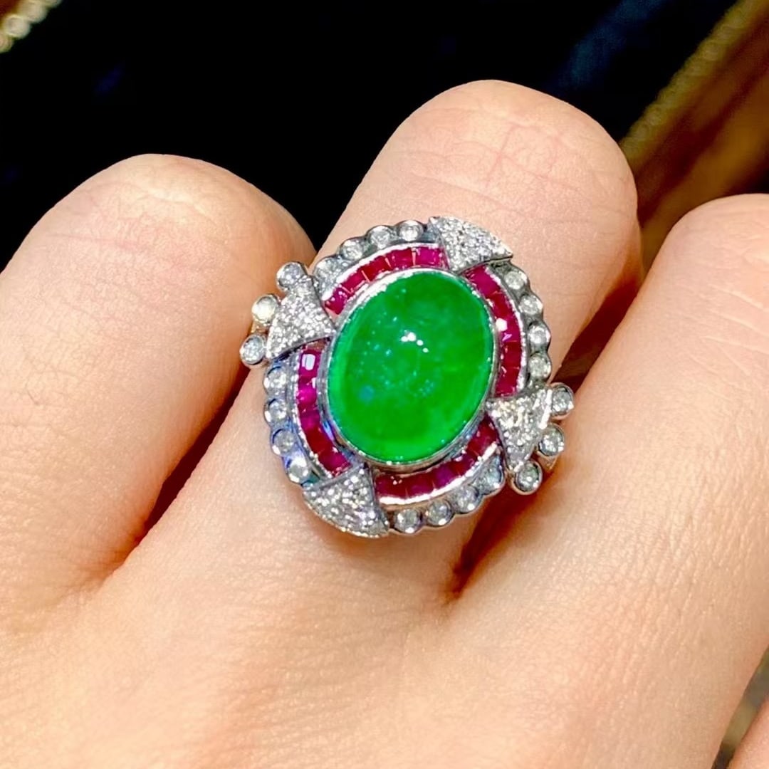 14k Gold 3.5 Ct Vivid Green Natural Emerald & Diamond & Ruby Ring - 4
