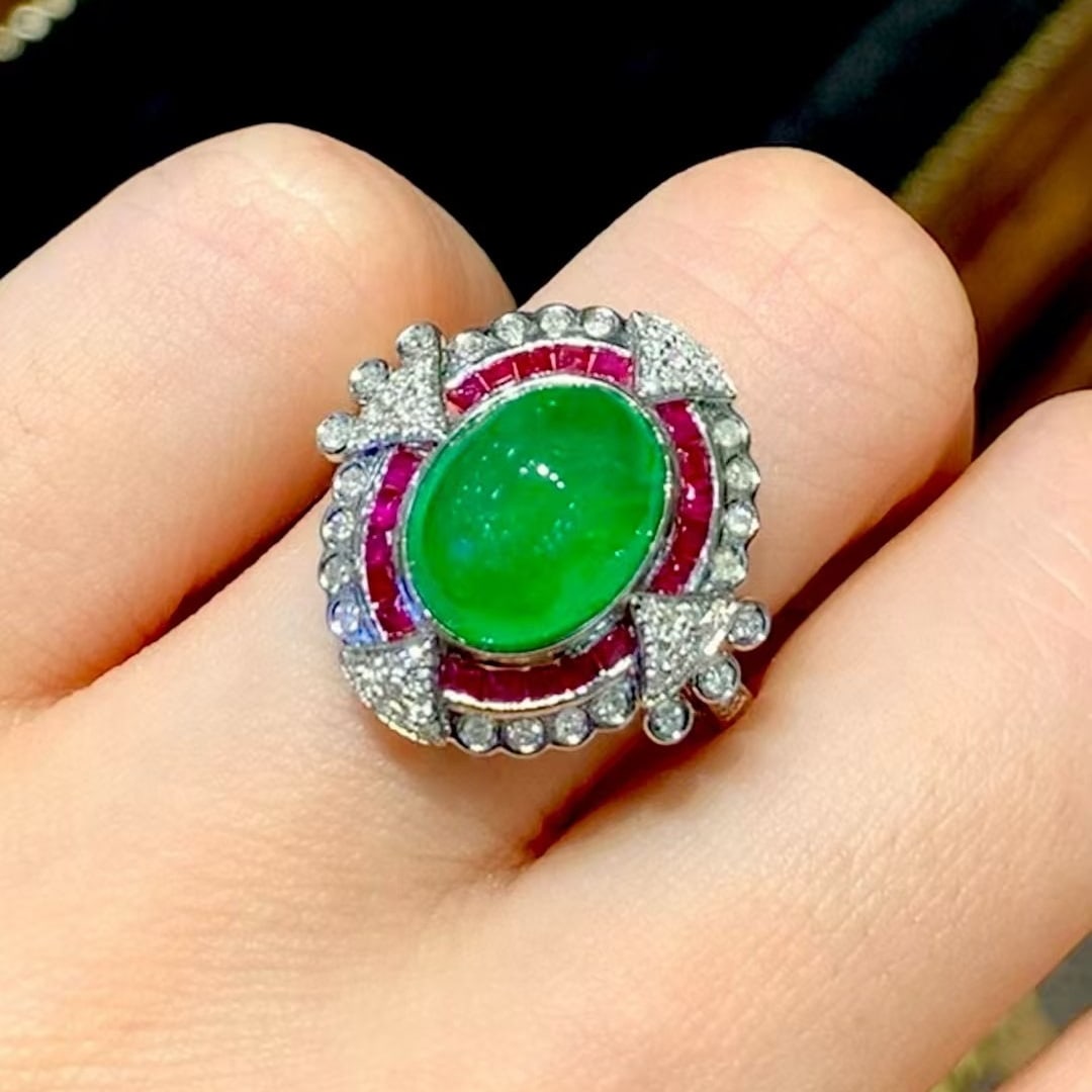 14k Gold 3.5 Ct Vivid Green Natural Emerald & Diamond & Ruby Ring - 5