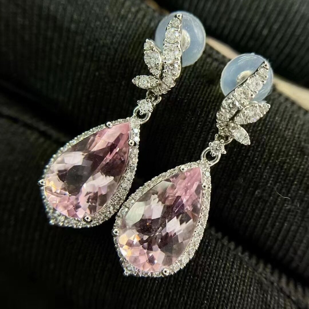 14k Gold 1.71 Ctw Natural Morganite & Diamond Earrings: Ref:230950282 // gold content:14k gold // main gemstone:morganite // shape:pear // carat weight:1. 49ct // color:pink // treatment:natural // // adjacent gemstone 2 : diamond // shape:round // carat w