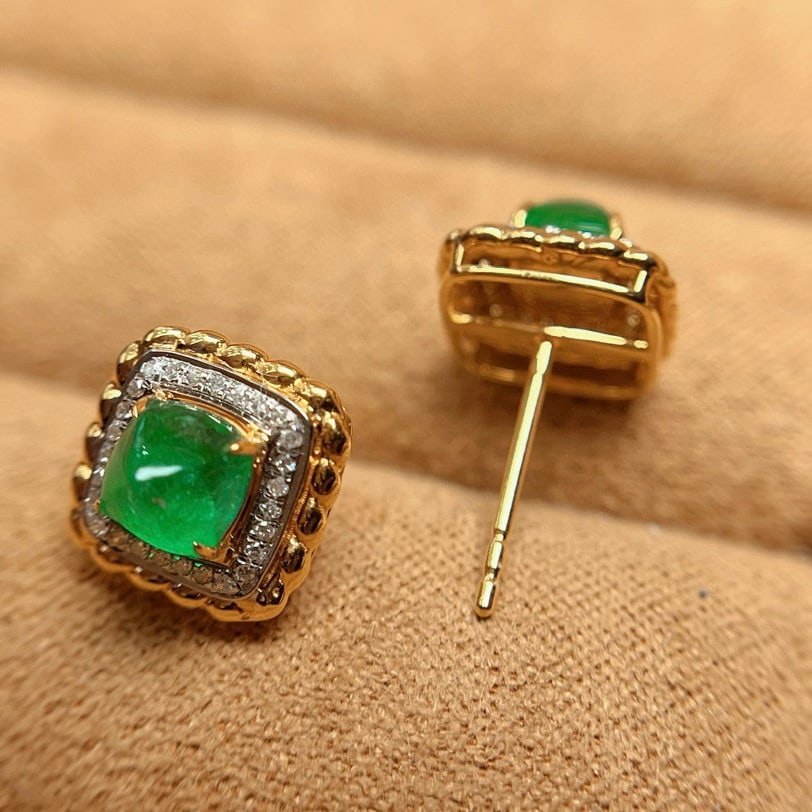 14k Gold 1.20 Ct Natural Emerald & Diamond Earrings - 5