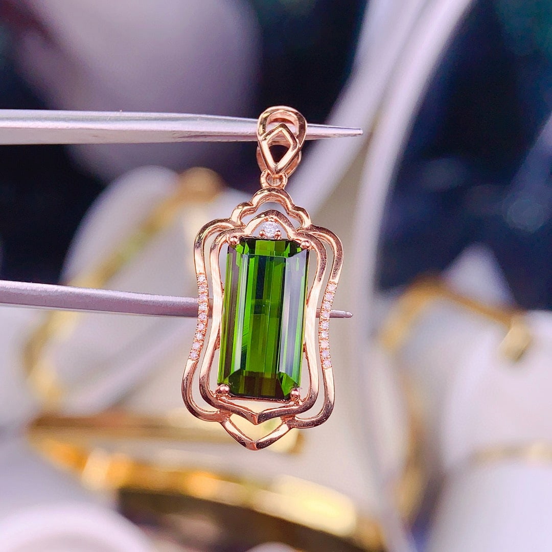 14k Gold 3.8 Ct Natural Tourmaline & Diamond Pendant( Without Chain ) - 4