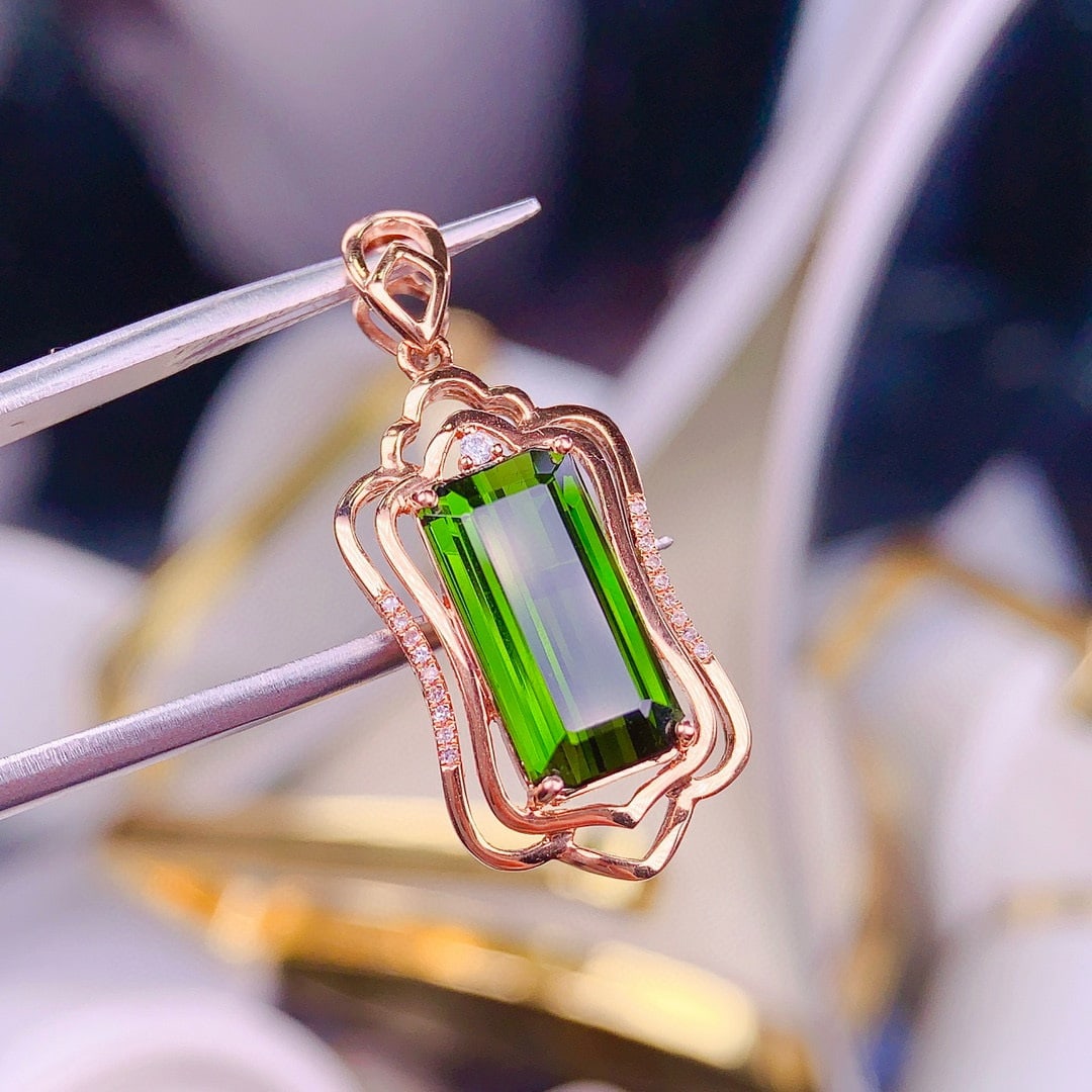 14k Gold 3.8 Ct Natural Tourmaline & Diamond Pendant( Without Chain ) - 6