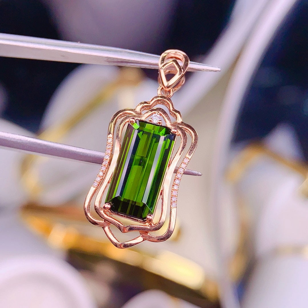 14k Gold 3.8 Ct Natural Tourmaline & Diamond Pendant( Without Chain ) - 7