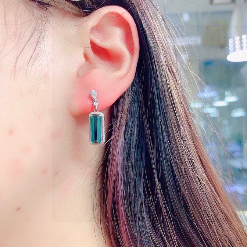 14k Gold 4.2 Ct Natural Tourmaline & Diamond Earrings - 7