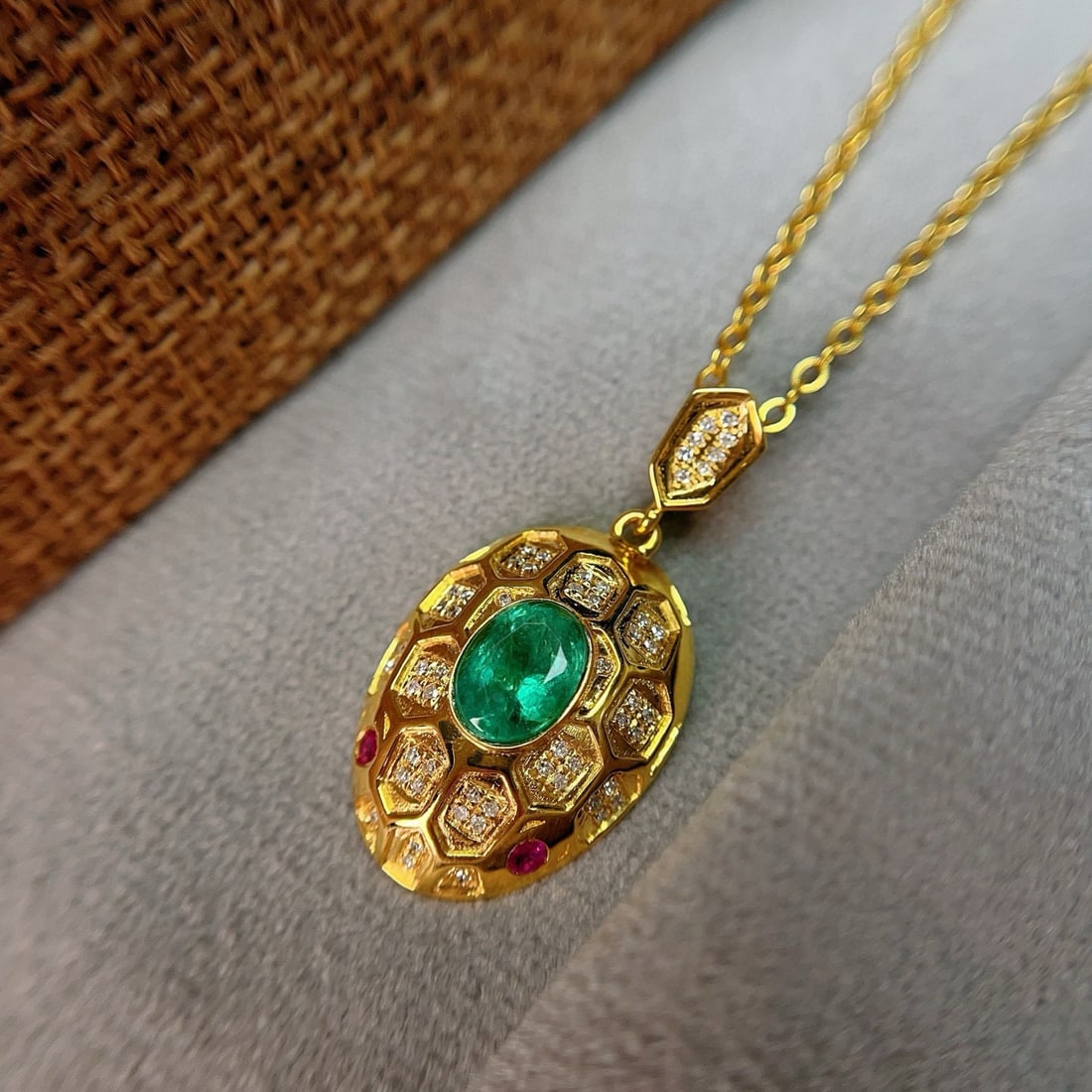 14k Gold 1.00 Ct Natural Emerald & Diamond & Ruby Pendant( Without Chain ) - 2