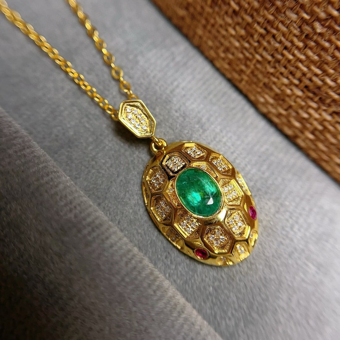 14k Gold 1.00 Ct Natural Emerald & Diamond & Ruby Pendant( Without Chain ) - 3