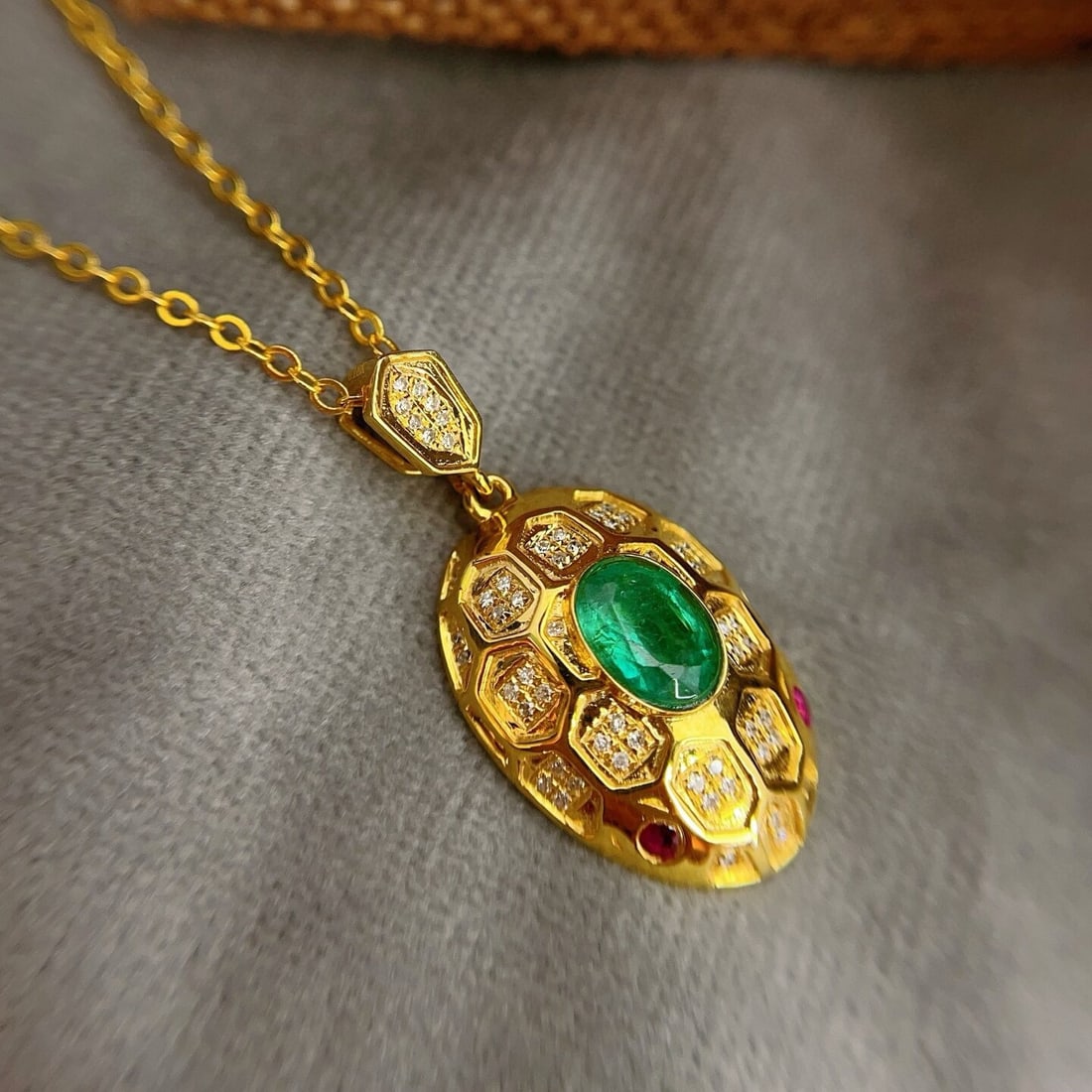 14k Gold 1.00 Ct Natural Emerald & Diamond & Ruby Pendant( Without Chain ) - 6