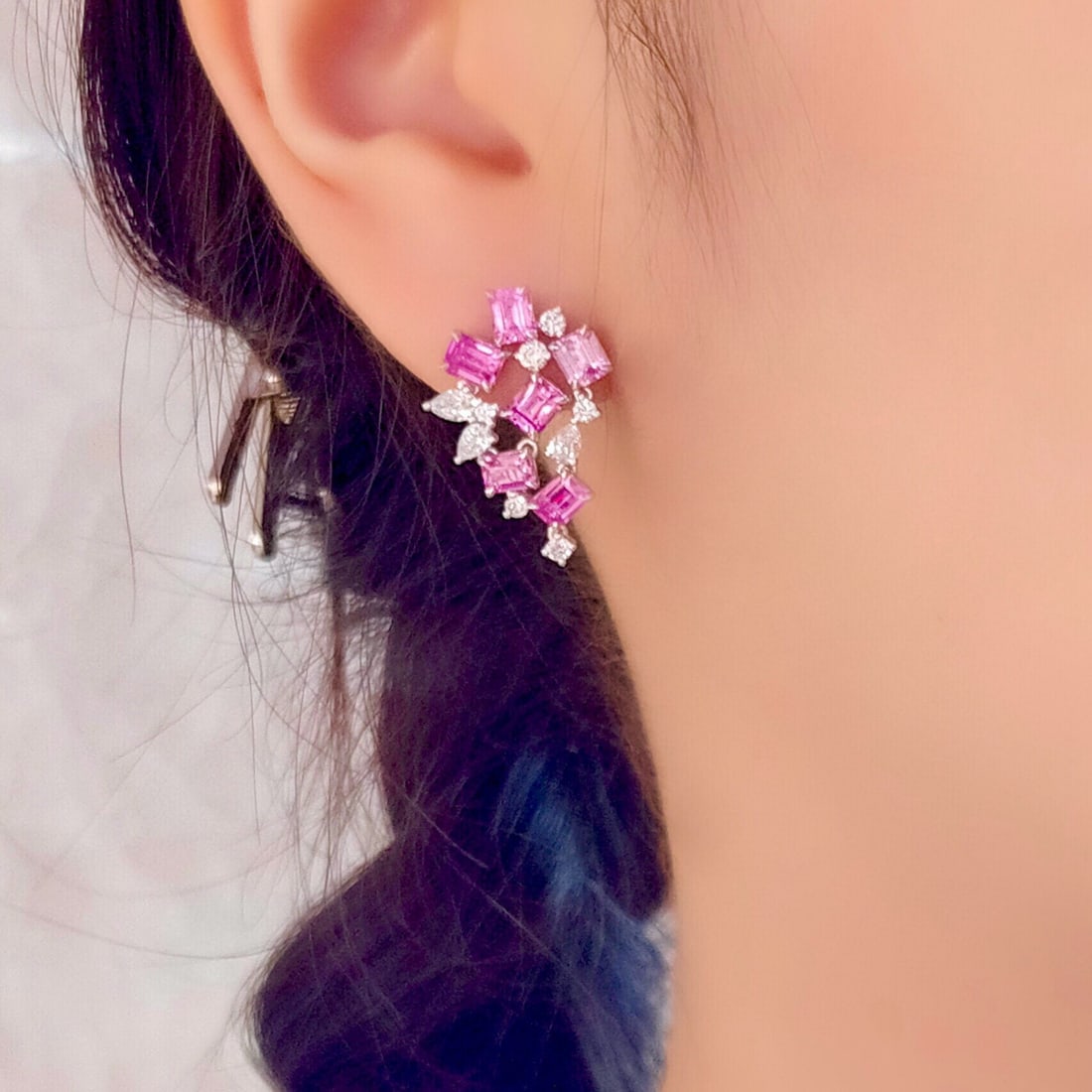 14k Gold 3.70 Ct Natural Padparadscha Sapphire & Diamond Earrings - 3