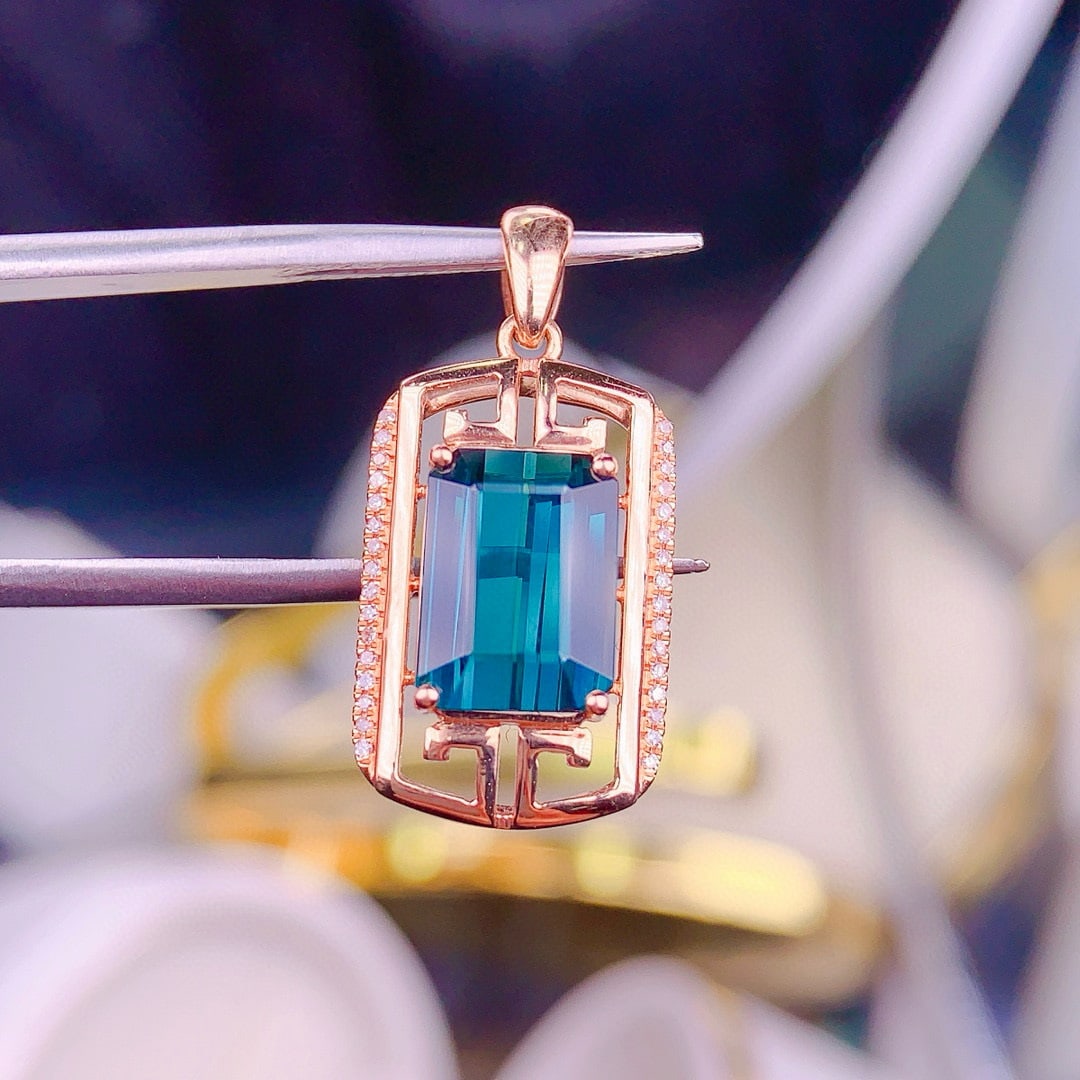 14k Gold 3.5 Ct Natural Tourmaline & Diamond Pendant( Without Chain ) - 4