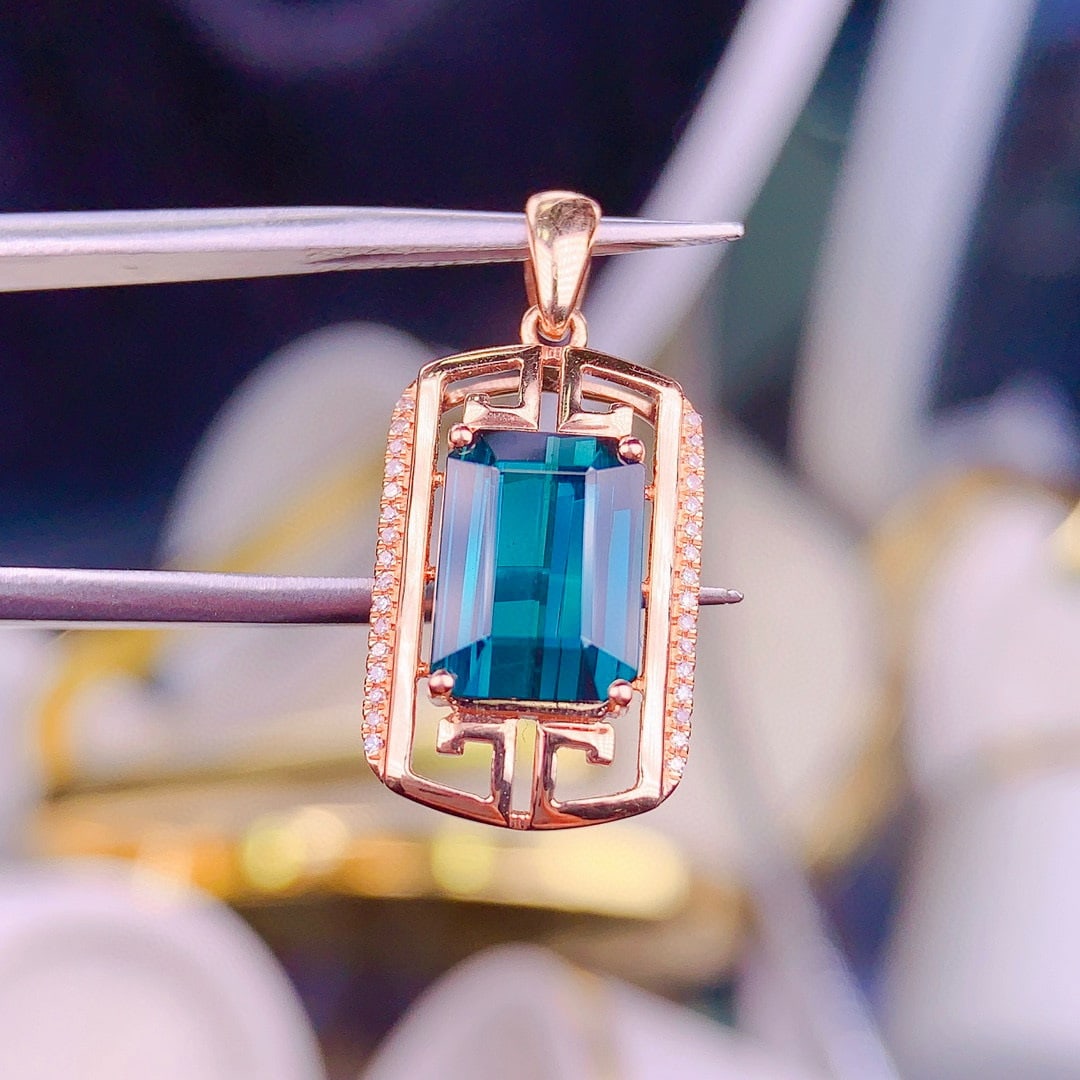 14k Gold 3.5 Ct Natural Tourmaline & Diamond Pendant( Without Chain ) - 7