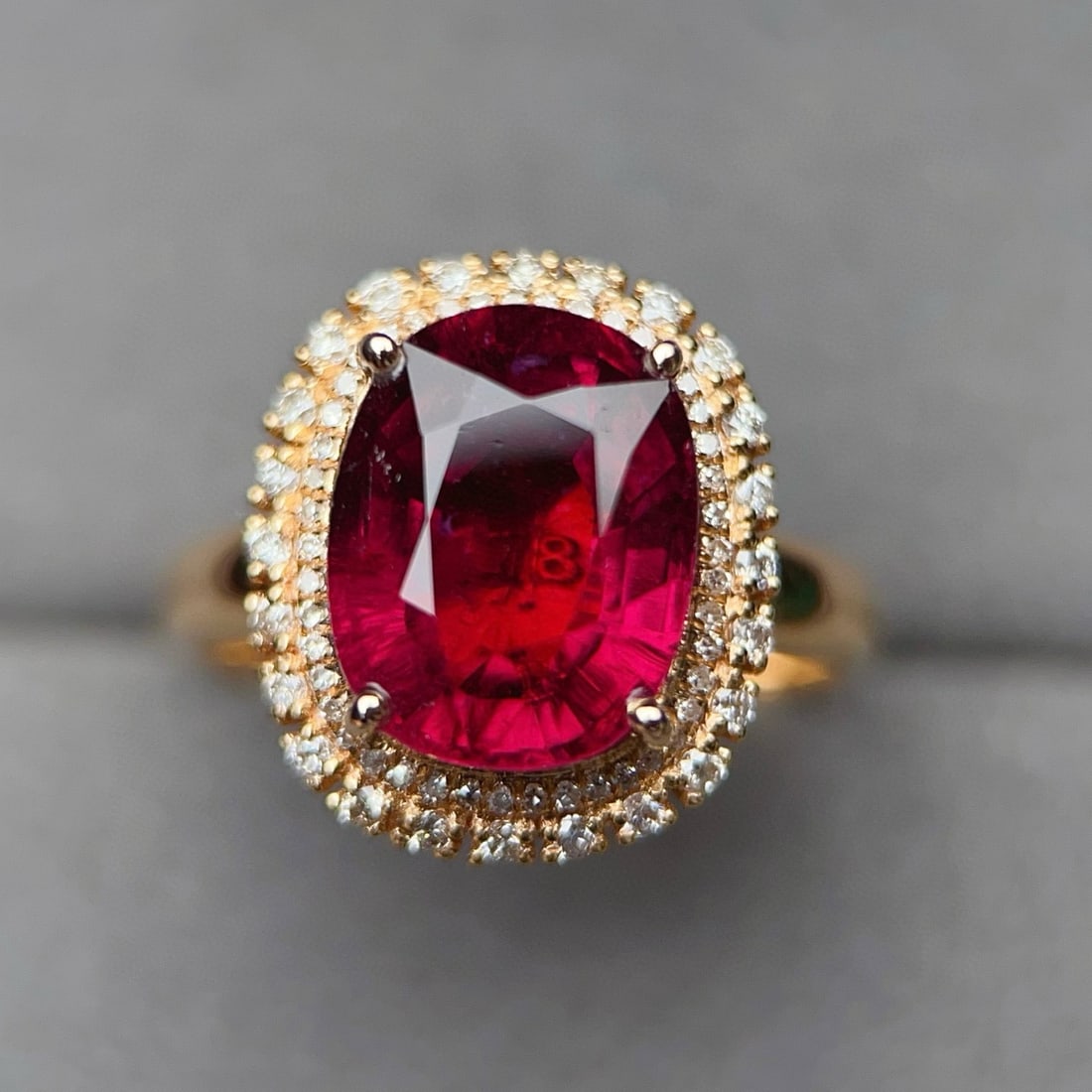 14k Gold 5.17 Ctw Natural Tourmaline & Diamond Ring: Ref:230950361 // gold content:14k gold // ring size:7. 25us // // main gemstone:tourmaline // shape:cushion // carat weight:4. 8ct // color:red // treatment:natural // // adjacent gemstone 2 : diamond