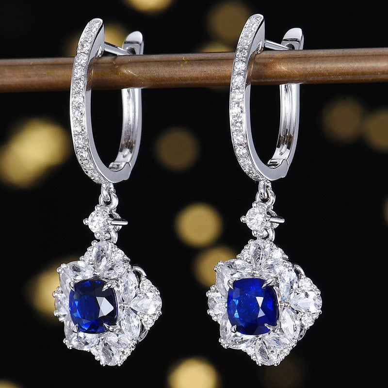 14k Gold 2.08 Ctw Vivid Blue Natural Sapphire & Sapphire Earrings: Ref:230950388 // gold content:14k gold // main gemstone:sapphire // shape:cushion // carat weight:1. 11ct // color:vivid blue // treatment:natural // // adjacent gemstone 2 : sapphire // number of sto