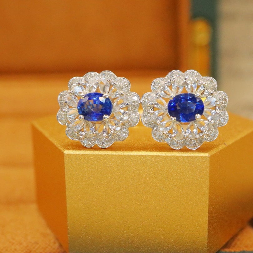 14k Gold 1.30 Ctw Natural Sapphire & Diamond Earrings - 4
