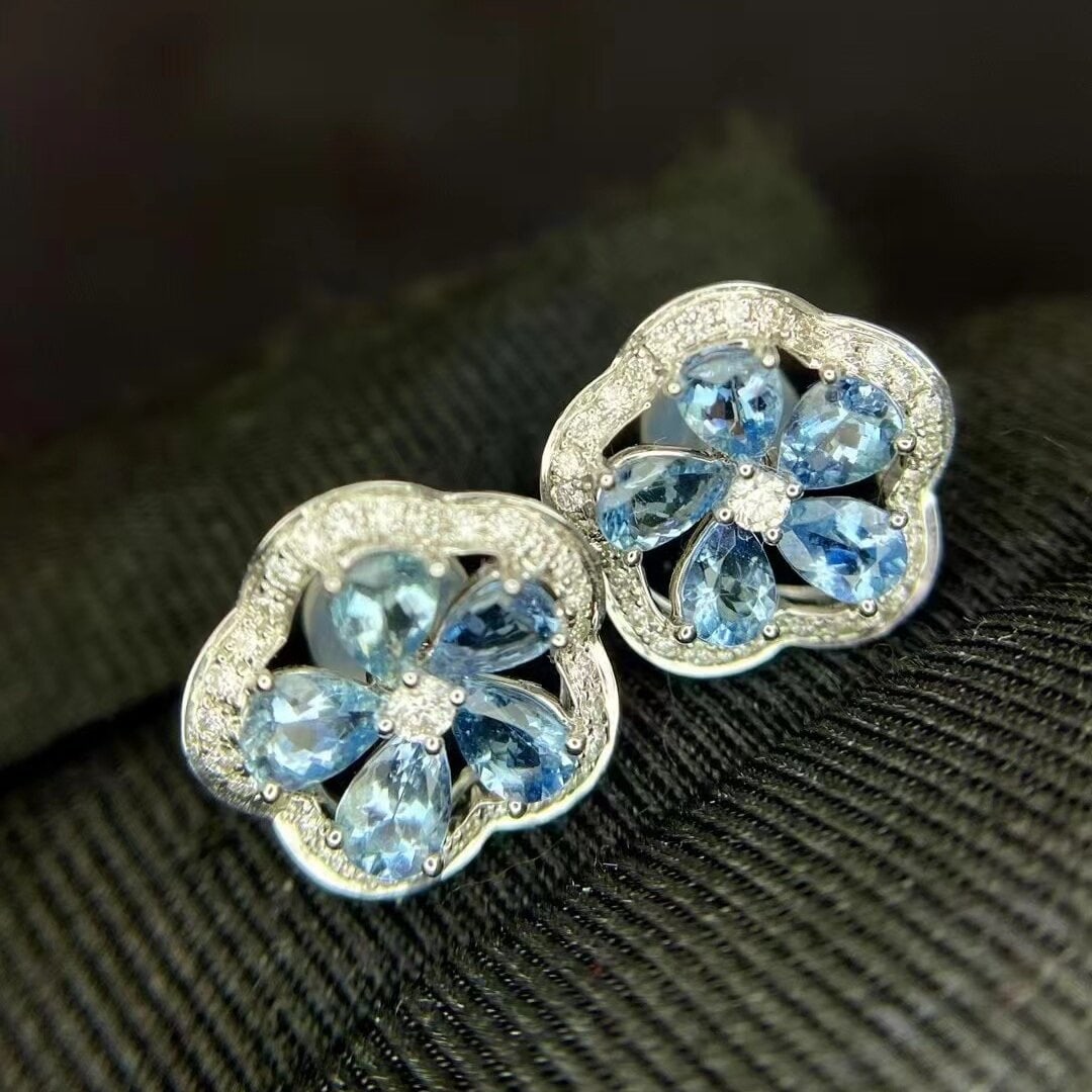 14k Gold 1.73 Ctw Natural Aquamarine & Diamond Earrings - 2