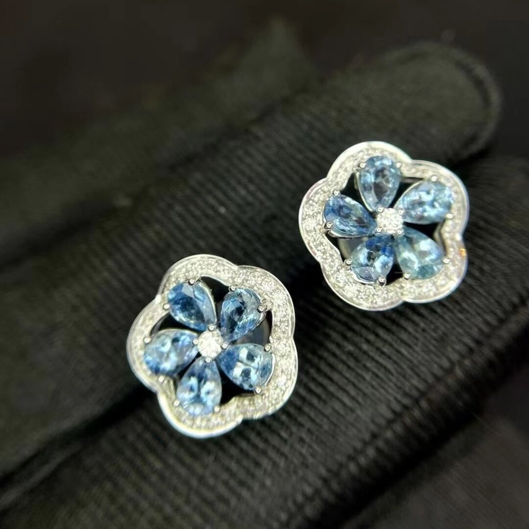 14k Gold 1.73 Ctw Natural Aquamarine & Diamond Earrings - 4