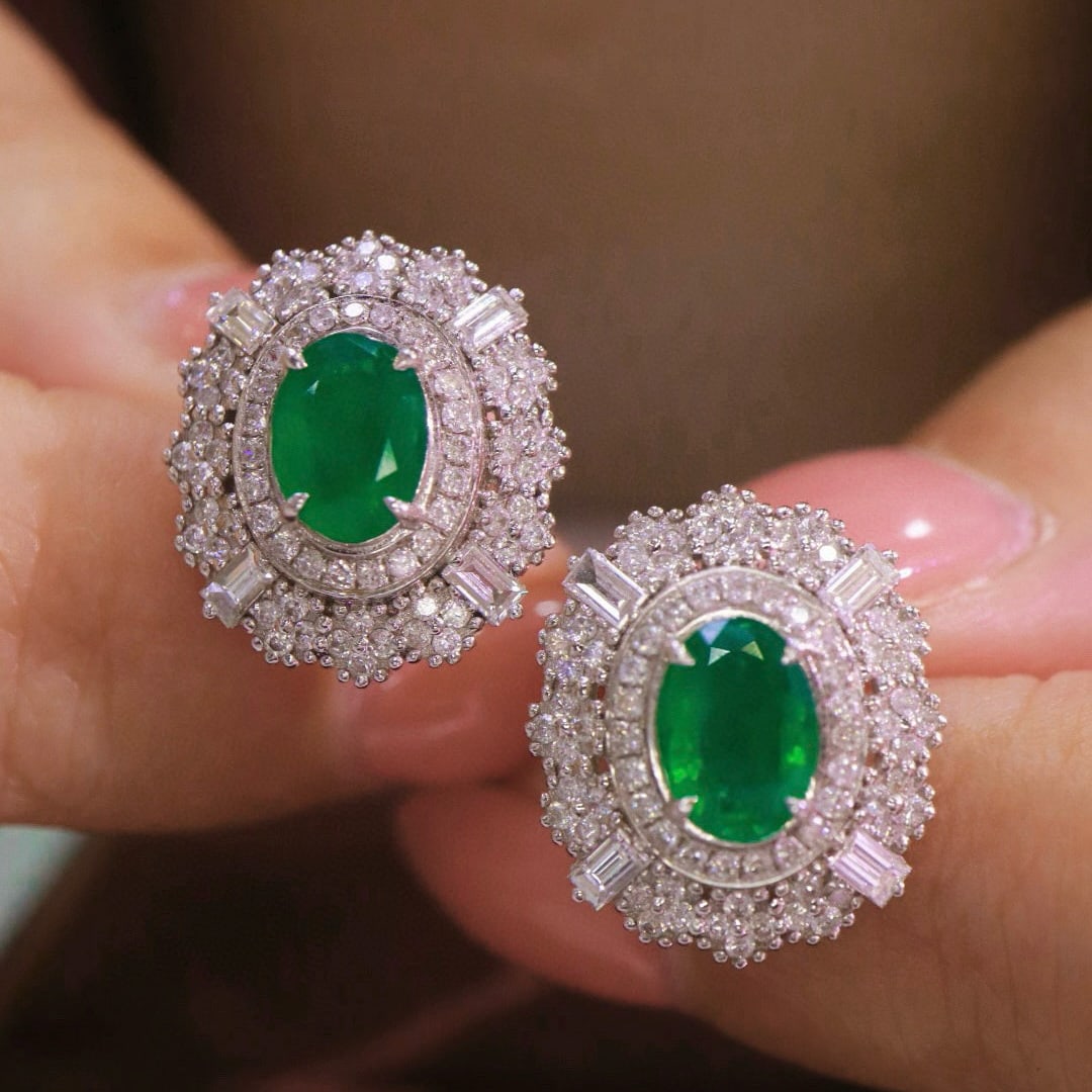 14k Gold 3.42 Ctw Natural Emerald & Diamond Earrings - 2