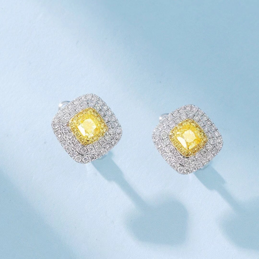 14k Gold 2.08 Ctw Natural Yellow Diamond & Diamond Earrings: Ref:230951024 // gold content:14k gold // main gemstone:yellow diamond // number of stones:2 // shape:cushion // carat weight:1. 32ct // color:yellow // treatment:natural // // adjacent gemstone 2 : y