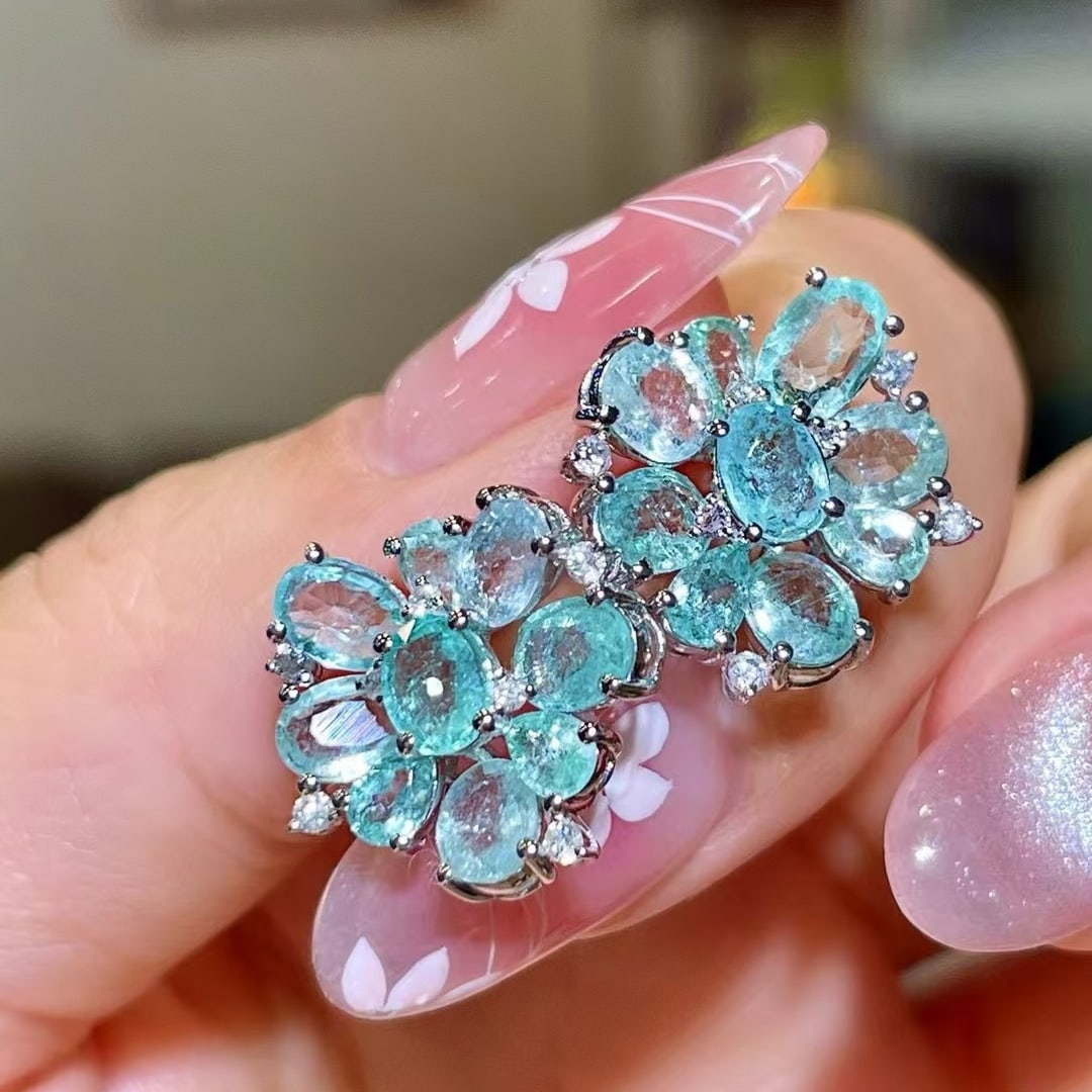 14k Gold 4.19 Ctw Natural Paraiba Tourmaline & Diamond Earrings - 2