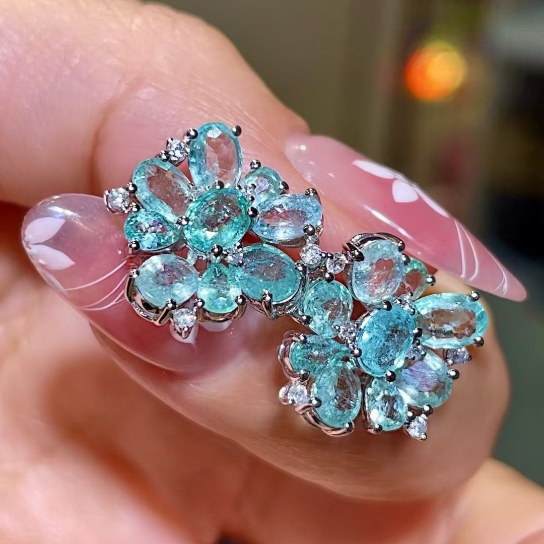 14k Gold 4.19 Ctw Natural Paraiba Tourmaline & Diamond Earrings - 3