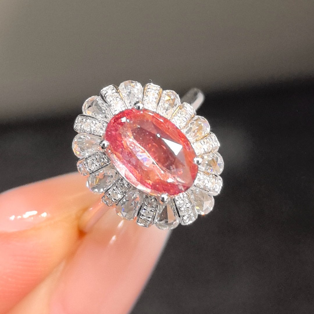 14k Gold 2.67 Ctw Natural Padparadscha Sapphire & Diamond Ring: Ref:230951033 // gold content:14k gold // ring size:7. 25us // // main gemstone:padparadscha sapphire // shape:oval // carat weight:1. 89ct // color:pinkish orange // treatment:natural // // adjacent