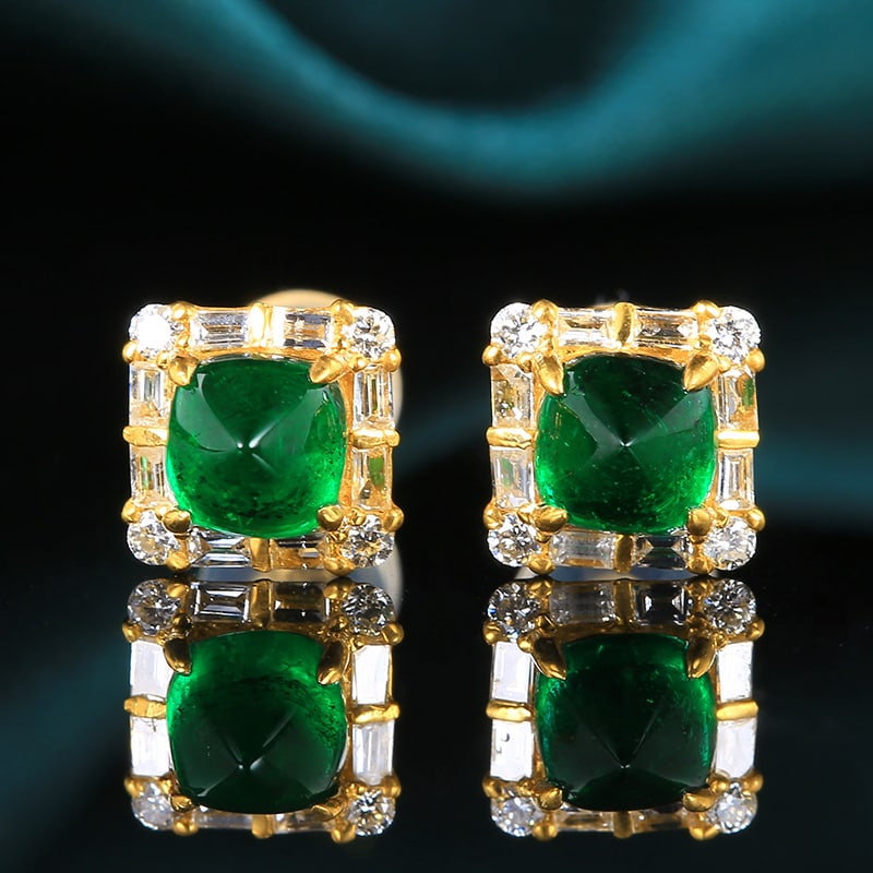 14k Gold 1.43 Ctw Vivid Green Natural Emerald & Diamond Earrings: Ref:230951036 // gold content:14k gold // main gemstone:emerald // shape:suger-loaf // carat weight:1. 18ct // color:vivid green // treatment:natural // // adjacent gemstone 2 : diamond // number of s