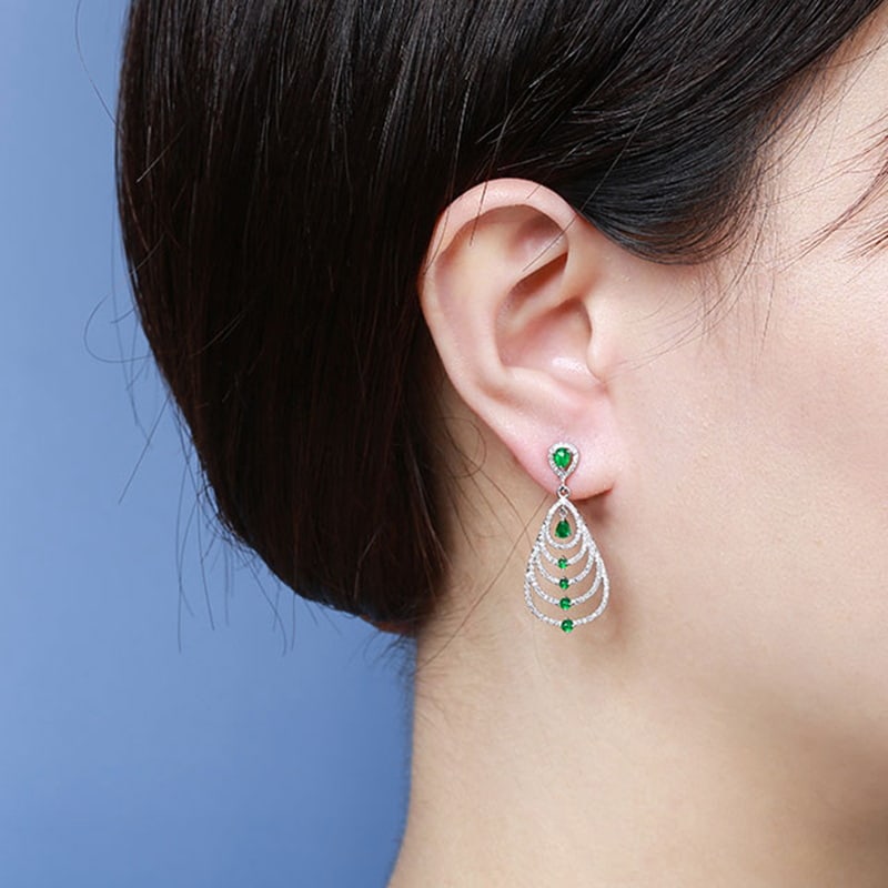 14k Gold 1.56 Ctw Vivid Green Natural Emerald & Diamond Earrings - 3