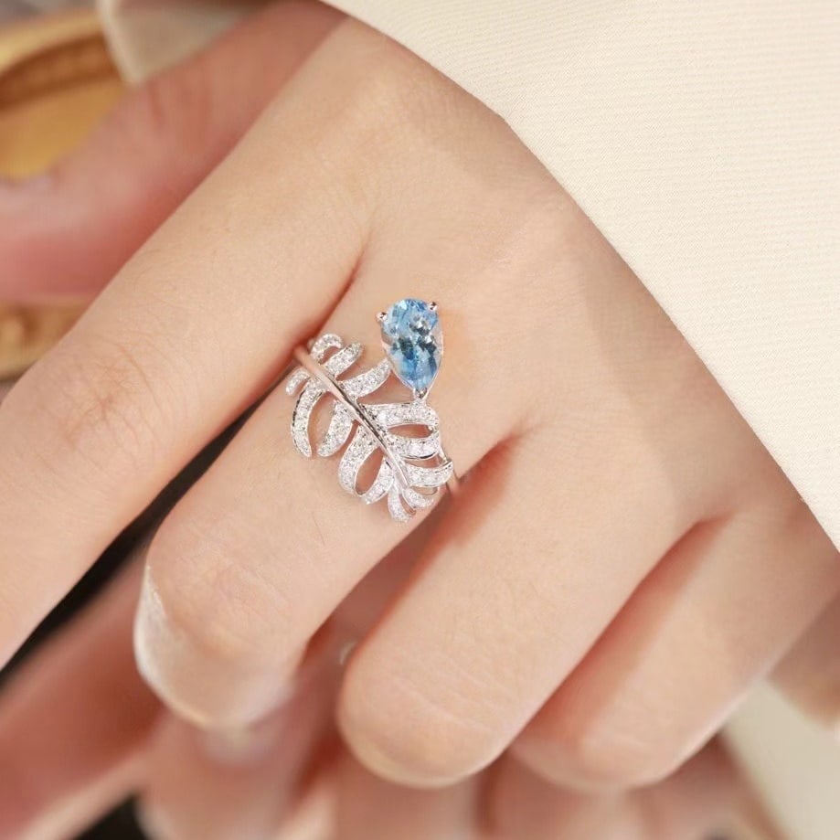 14k Gold 0.89 Ct Natural Aquamarine & Diamond Ring - 5