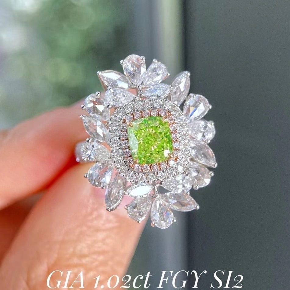 Gia Certified 14k Gold 3.01 Ctw Natural Green Diamond & Diamond Ring/pendant( Without Chain ): Ref:230951042 // gold content:14k gold // ring size:7. 25us // // main gemstone:green diamond // certified:gia // shape:cushion // carat weight:1. 02ct // clarity grade:si2 // color:green //